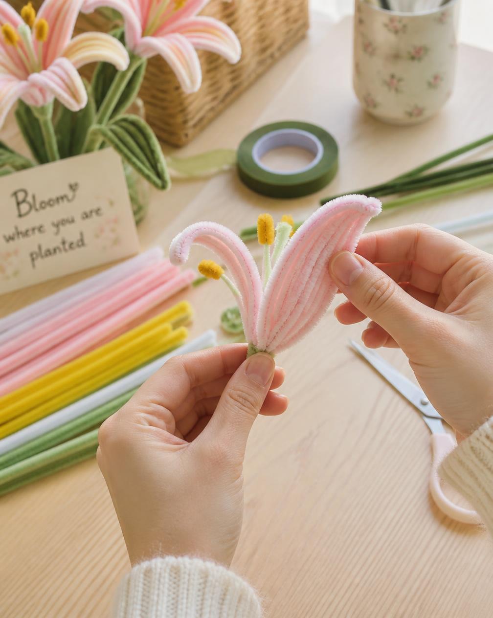 Handmade pipe cleaner flowers being crafted at a workbench