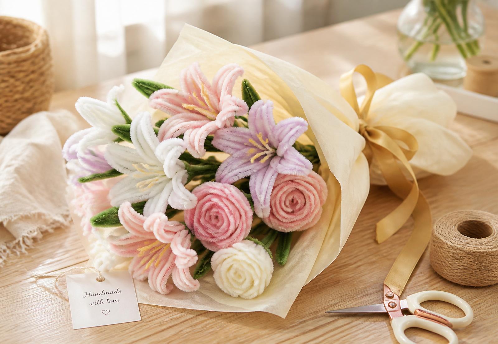 Handmade pipe cleaner flower bouquet wrapped in cream paper with a gold ribbon