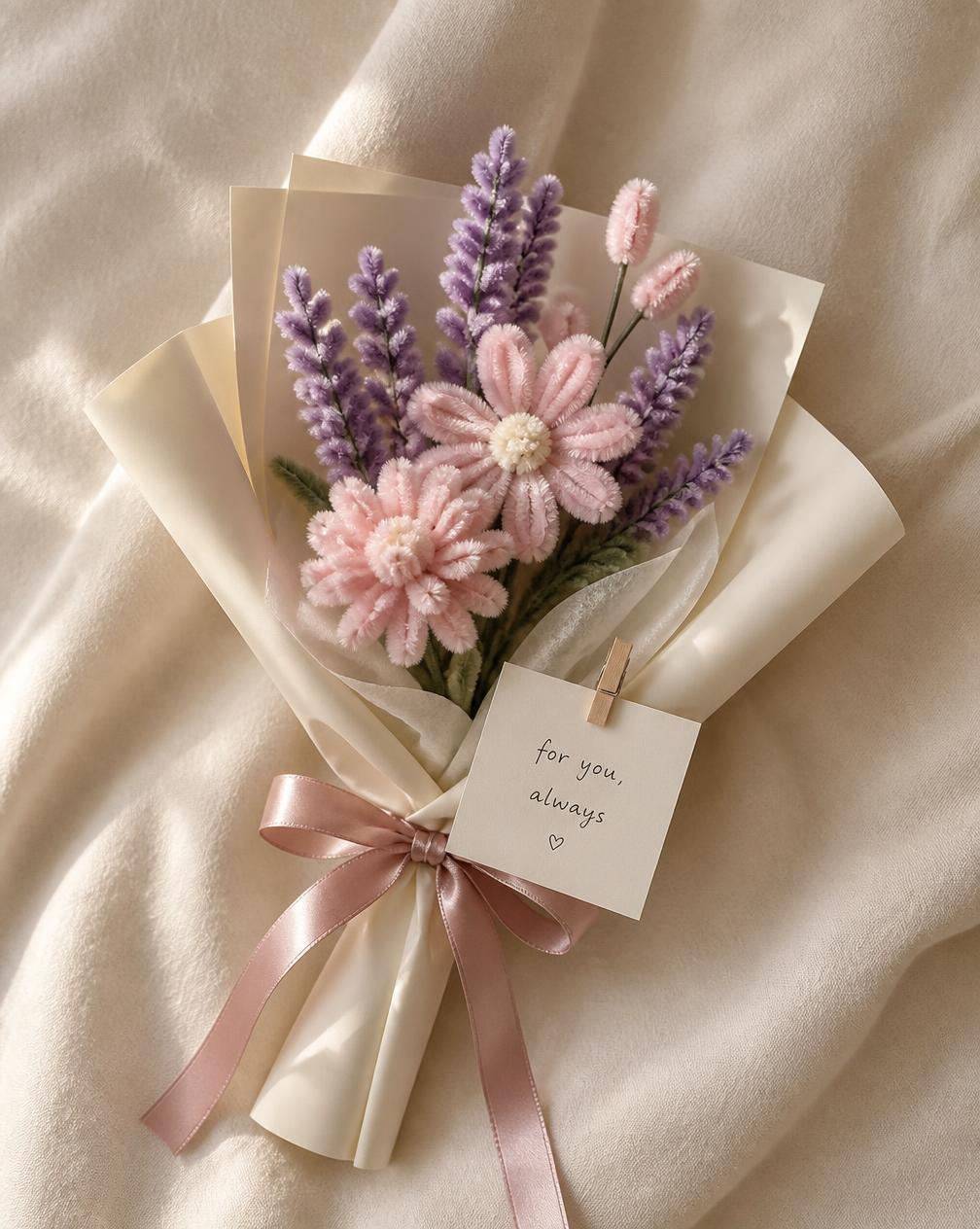 Handmade pipe cleaner bouquet in blush and lavender wrapped in cream paper with a gift card