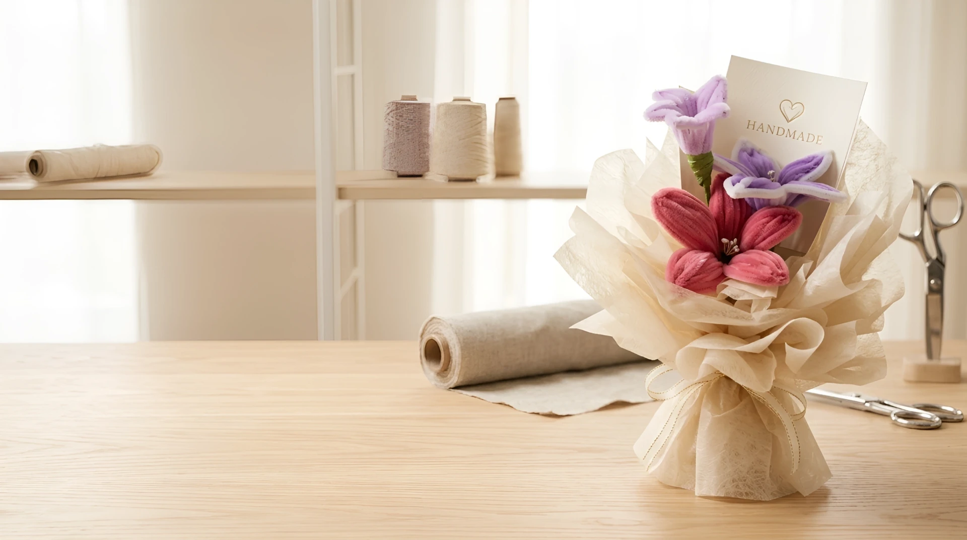 Handmade everlasting flower bouquet wrapped in cream paper on a craft table